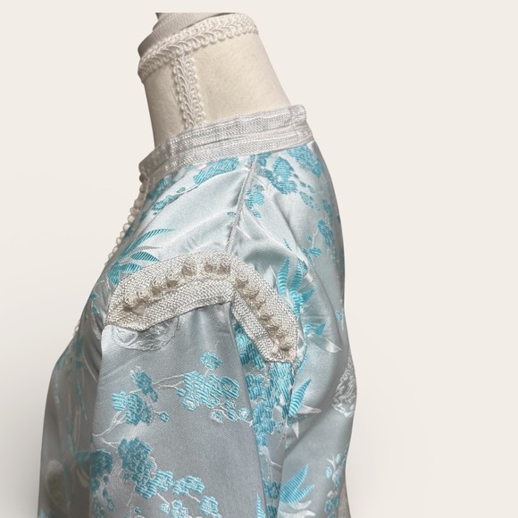 Kaftan Elegance Moroccan Satin Jacquard Caftan Maxi Blue White 54" M - Picture 3 of 10